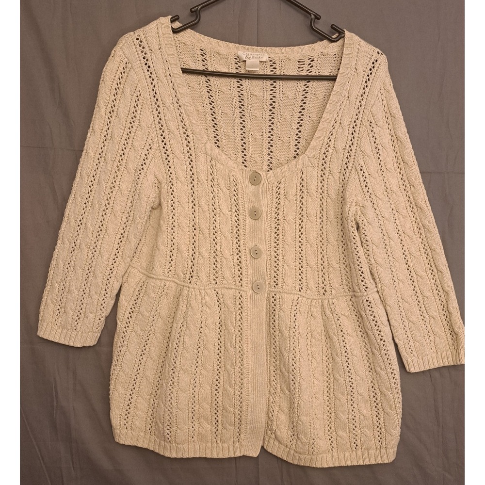 Christopher & Banks Cable Knit Button Up Cardigan Sweater Women's Size Large Tan